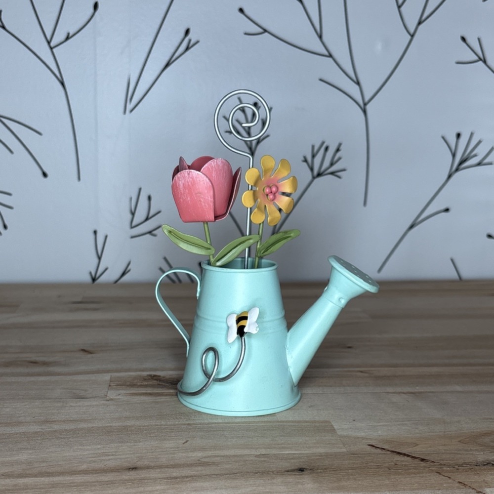 Watering Can Photo Holder Flowers‎ Bee Whimsical Mint Green
